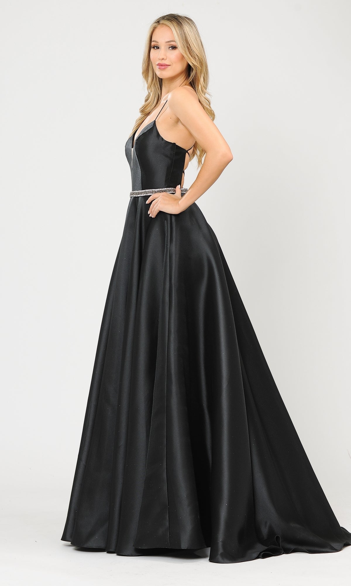 Woman in profile wears the Strappy-Back Long Mikado A-Line Prom Dress 8688—a floor-length black gown with a fitted bodice and flared skirt, perfect for any formal occasion—posed against a plain white background.